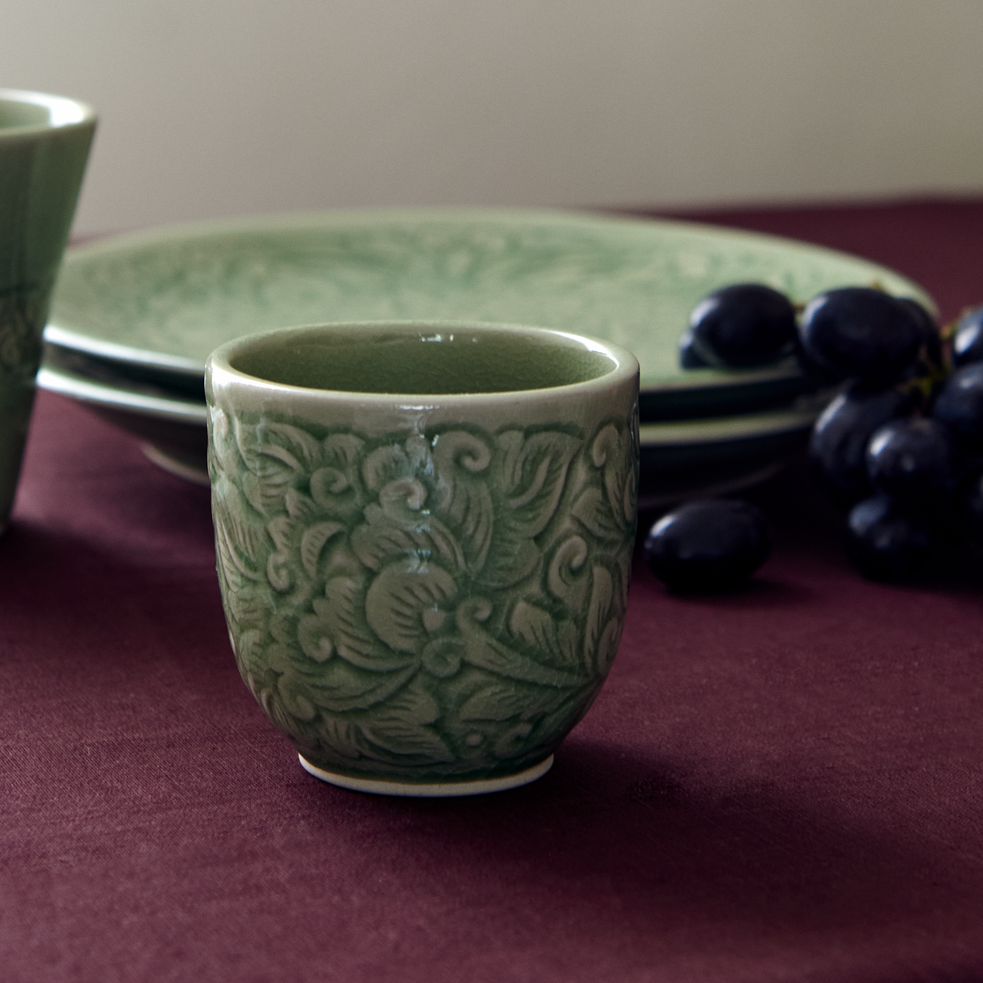Celadon Cup Small Carved Pudtan - Baan Celadon