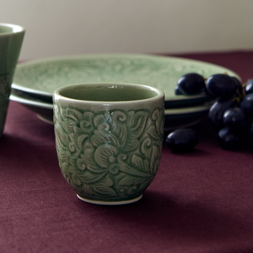 Celadon Cup Small Carved Pudtan - Baan Celadon